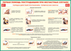 Таблица "Порядок действий при ранениях и термических ожогах" (100х140 сантиметров, винил) - fgospostavki.ru - Асбест