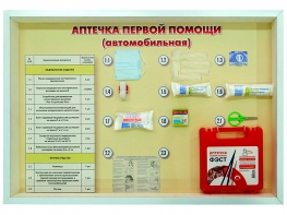 Стенд "Аптечка первой помощи (автомобильная)" (образцы под оргстеклом) - fgospostavki.ru - Асбест